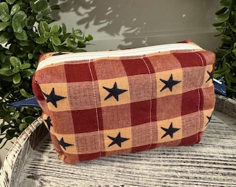 Red, tan gingham with  blue stars makeup bag, red and tan  toiletry bag, zipper makeup bag, small  makeup bags, american makeup bag.