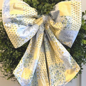 Yellow Patchwork Oversized wreath bow | Large Neutral Front Door Bow | Handmade Farmhouse door decor | Rustic Porch Decoration |