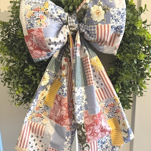 Oversized colorful patchwork bow | wreath bow  | Farmhouse front door decor |