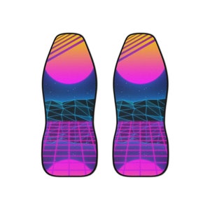 Synthwave sunset neon grid retro vaporwave 8bit 80s type car seat cover