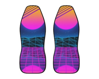 May include: A pair of black car seat covers with a retro 80s design featuring a pink and blue sunset, a grid pattern, and a geometric mountain range.
