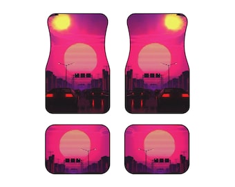 set of 4 retro sunset synthwave outrun type car floor mats