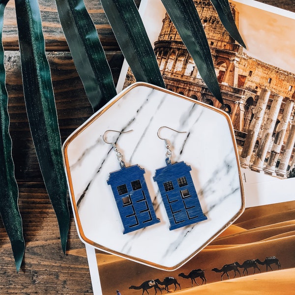 Doctor Who Tardis Blue Hardwood Earrings, wood, phone booth