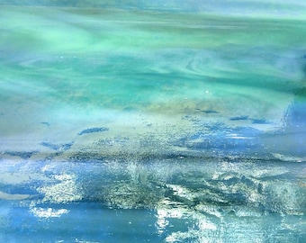 May include: Abstract art print featuring a blue and green color scheme with a wavy, textured pattern. The colors blend together to create a calming and serene effect.