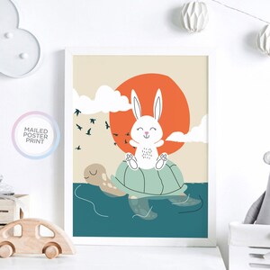 Schildkröte auf Meer mit Hase Babyzimmer Meer Tier Poster, Kinderzimmer Poster, Baby Poster, Kinderzimmer Druck Kunst, Kinderzimmer Dekor, Wandbehang