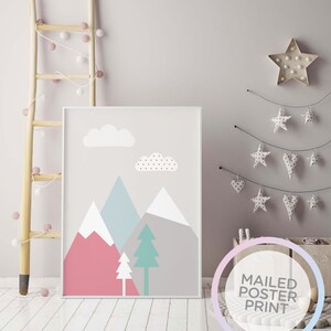 Berge, Bäume und Wolken Babyzimmer Poster, Kinderzimmer Poster, Baby Poster, Kinderzimmer DruckKunst, Kinderzimmer Dekor, Wandbehang