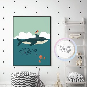 Hai und Vogel im Meer Babyzimmer Meer Tier Poster, Kinderzimmer Poster, Baby Poster, Kinderzimmer DruckKunst, Kinderzimmer Dekor, Wandbehang