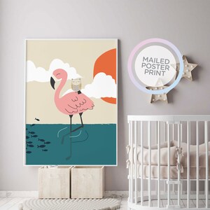 Flamingo y Búho que se quedan dormidos bebé habitación animal marino cartel, cartel de la guardería, cartel del bebé, arte impreso vivero, decoración de la guardería, pared colgante