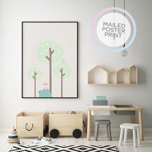 Süsses Hase Hiding und Vogel auf dem Baum Babyzimmer Poster, Kinderzimmer Poster, Baby Poster, Kinderzimmer Druck Kunst, Kinderzimmer Dekor, Wandbehang