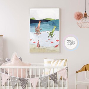 Tintenfisch und Fische im Meer Aquarell Babyzimmer Meer Tier Poster, Kinderzimmer Poster, Kinderzimmer Druck Kunst, Kinderzimmer Dekor, Wandbehang