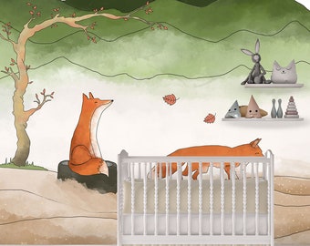 Foxes in Autumn Tree Watercolor Baby Room Wall Mural, Pastel Soft Nursery Wallpaper, Kids Room Cute Wall Decor