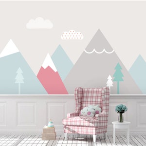 Mountains, Trees And Clouds Baby Room Wall Mural, Pastel Soft Nursery Wallpaper, Baby Wallpaper Trendy Wall Decor