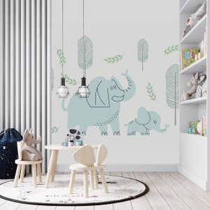 Baby Elephant e Mother Elephant are Walking Baby Room Wall Mural, pastello soft nursery wallpaper, kids room cute wall decor