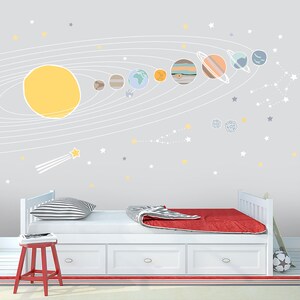 Sole, pianeti e stelle a tema Spazio Baby Room Murale murale, pastello morbido carta da parati per l'infanzia, murale per bambini Decorazioni murali alla moda