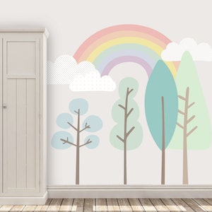 Rainbow appearing behind trees Baby Room Wall Mural, Pastel Nursery Wallpaper, Baby Wall Mural, Trendy Baby Wall Paper