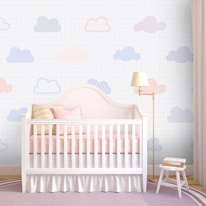 Polka Dots Light Background Clouds Baby Room Wall Mural, Pastel Soft Nursery Wallpaper, Baby Wallpaper Trendy Wall Decor