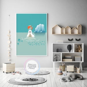 Sello con bola en el mar ártico bebé sala de animales marinos cartel, cartel de la guardería, cartel del bebé, arte impreso del vivero, decoración de la guardería, pared colgante