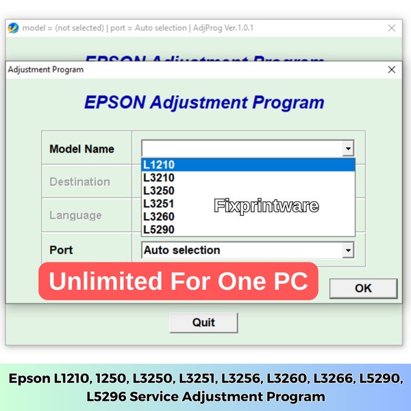 Epson L1210, L1250, L3210, L3211, L3250, L3251, L3256, L3260, L3266, L5290, L5296 Adjustment Program