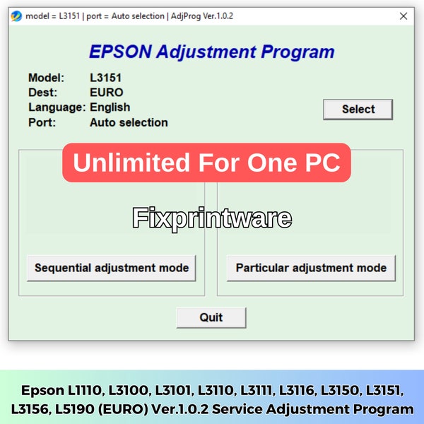 Epson L1110, L3100, L3101, L3110, L3111, L3116, L3150, L3151, L3156, L5190 (EURO) Ver.1.0.2 Service Adjustment Program