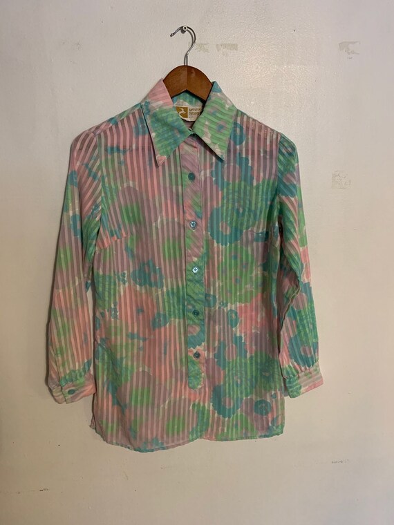 Vintage 70s Sheer Pastel Pink Green and 