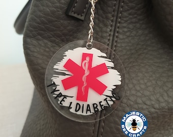 Medical Alert Keyring: Type 1 / Type 2 Diabetic Bag Charm, Diabetes Awareness