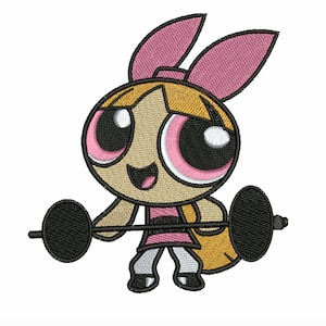 Może przedstawiać: Kreskówkowa ilustracja dziewczyny z blond włosami i różową kokardką podnoszącą sztangę. Ma na sobie różową koszulę i białe spodnie.