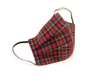 LARGE SIZE - Reusable Washable 100% Cotton Face Mask -  Prince Charles Red Tartan & Black Reversible - Made in the UK