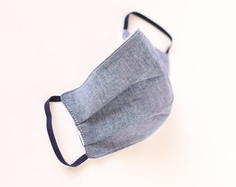 Reusable Washable 100% Cotton Face Mask - Dark Blue Chambray Cotton - Made in the UK
