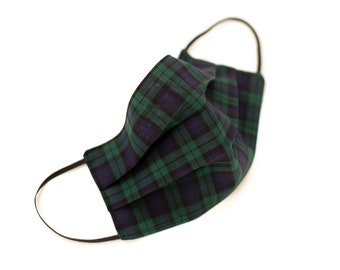 Reusable Washable 100% Cotton Face Mask -  Black Watch Tartan & Black Reversible - Made in the UK