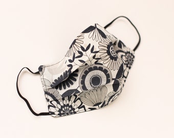Floral Doodles - Black & White Reusable Washable 100% Cotton Face Mask - Made in the UK