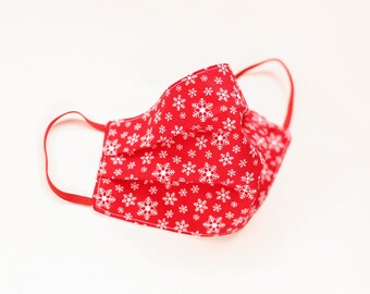 Reusable Washable 100% Cotton Face Mask - Snowflakes - Red and White - Made in the UK