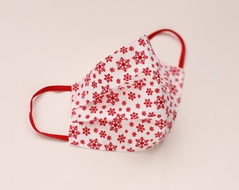 Reusable Washable 100% Cotton Face Mask - Snowflakes - White & Red - Made in the UK