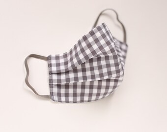 Reusable Washable 100% Cotton Face Mask -  Grey and White Gingham - Made in the UK