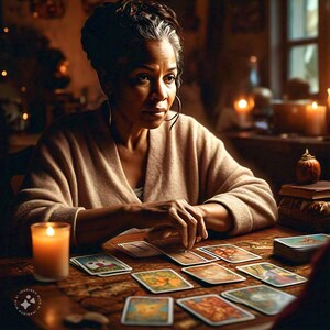 Może przedstawiać: Kobieta siedzi przy stole z zapaloną świecą i rozłożonym zestawem kart tarota. Patrzy w bok, zdając się być pochłonięta myślami. Karty są rozłożone wachlarzowo, a niektóre z obrazów są widoczne.