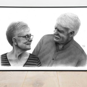 May include: A black and white pencil drawing of an older couple looking at each other. The woman is wearing glasses and a striped shirt. The man is wearing a button-down shirt.