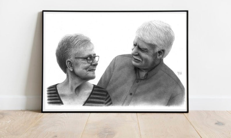 May include: A black and white pencil drawing of an older couple looking at each other. The woman is wearing glasses and a striped shirt. The man is wearing a button-down shirt.