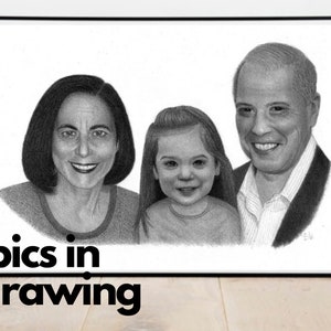 May include: A black and white pencil drawing of a family portrait. A woman with short dark hair, a young girl with long dark hair, and a man with short grey hair are smiling at the viewer.