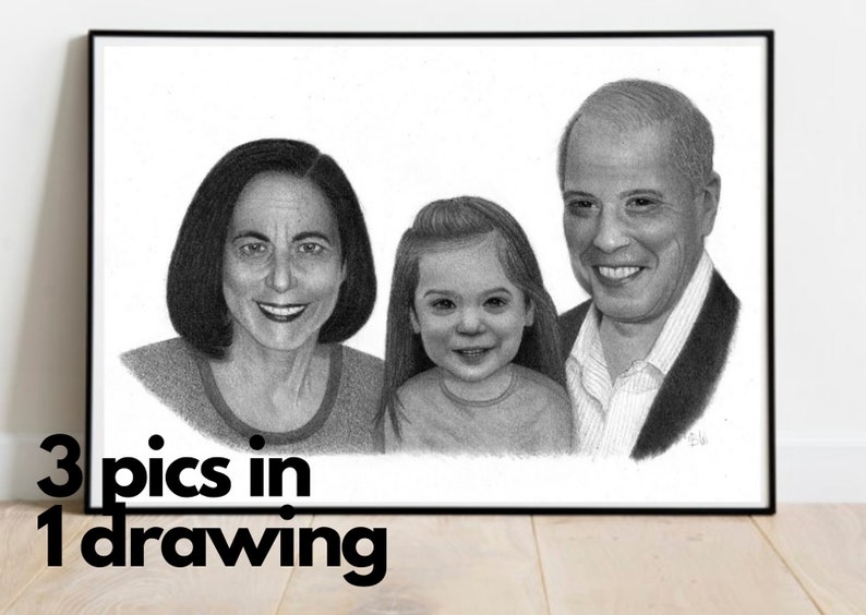 May include: A black and white pencil drawing of a family portrait. A woman with short dark hair, a young girl with long dark hair, and a man with short grey hair are smiling at the viewer.