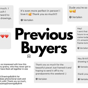 May include: A collage of positive customer reviews for custom drawings. The reviews highlight the artist's talent, the quality of the drawings, and the ease of working with the artist. The reviews include phrases like "so talented", "amazing", "phenomenal work", and "highly recommend".