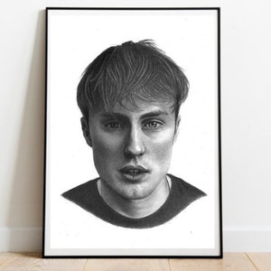 May include: A black and white pencil drawing of a person's face. The person has short, straight hair and is looking directly at the viewer.