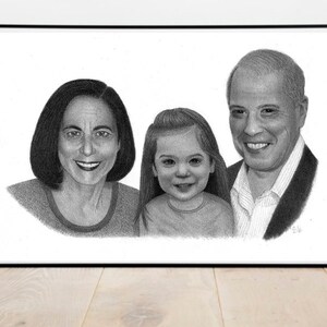 May include: A black and white pencil drawing of a family portrait. A woman with short dark hair, a man with short grey hair, and a young girl with long brown hair are smiling at the viewer.