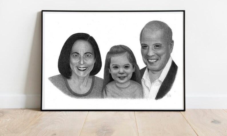 May include: A black and white pencil drawing of a family portrait. A woman with short dark hair, a man with short grey hair, and a young girl with long brown hair are smiling at the viewer.