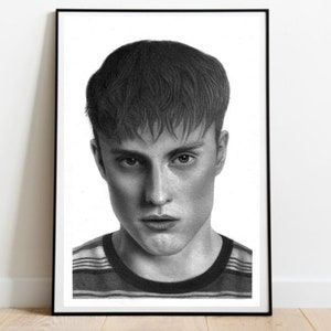 May include: A black and white pencil drawing of a person with short, dark hair. The person is looking directly at the viewer with a serious expression. They are wearing a striped shirt.