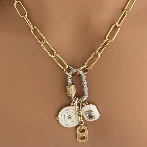 Gold Paperclip Chainmultiple Charm Necklace Cubic Zirconia Etsy