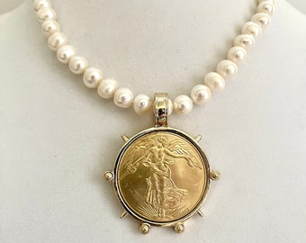Freshwater Pearl Necklace-Gold Reproduction French Coin-Commemorative Medal- Antique Style -Spiked Bezel Pendant-Gift For Her