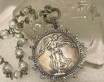 Vintage Coin Pendant Necklace: Porcelain Pearl Chain, CZ And Pearl Bezel