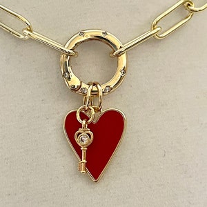 Gold Paperclip Chain Necklace-red Heart Enamel Pendant-gold CZ - Etsy