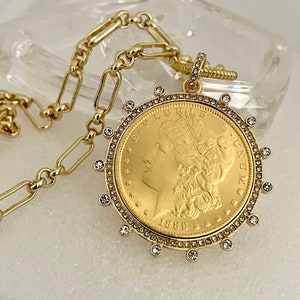 Gold Coin Necklace-Gold Multi-Link Chain-Gold Reproduction Morgan Peace Dollar Pendant- Cubic Zirconia Bezel Coin-Spring Lock Clasp