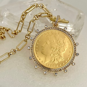 Gold Coin Necklace-Gold Multi-Link Chain-Gold Reproduction Morgan Peace Dollar Pendant- Cubic Zirconia Bezel Coin-Spring Lock Clasp