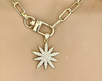 Gold Starburst Necklace-Micro Pave Starburst Pendant-Paperclip Chain Necklace-Spring Lock Clasp-Gift for Her
